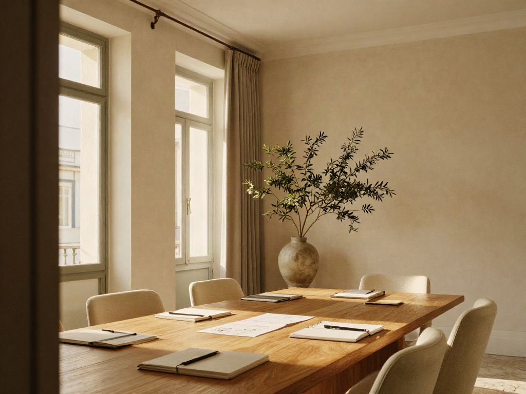 A warm, light-filled meeting room set up for a collaborative strategy and business review session